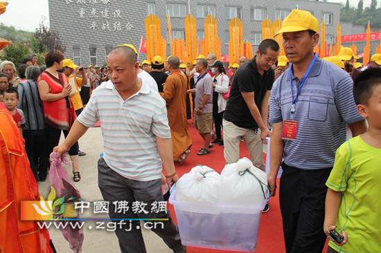 现场居士搬运放生生灵至水库岸边