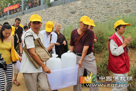 现场居士搬运放生生灵至水库岸边